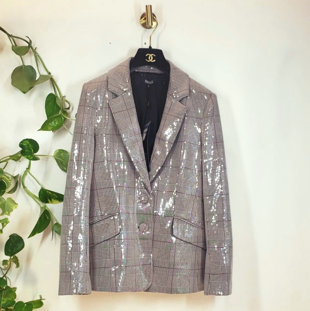 $495 NWT BADGLEY MISCHKA Plaid Blazer Silver Coat XS Button down Sparkle Chic - Picture 4 of 14